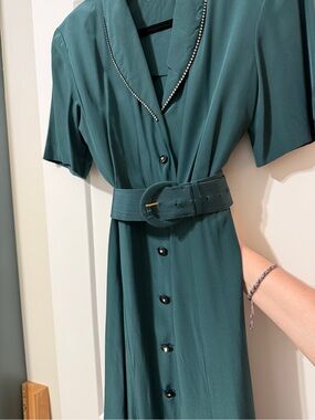 Liz Claiborne Vintage 100% Silk Rich Forest Green Button-Front Midi Dress